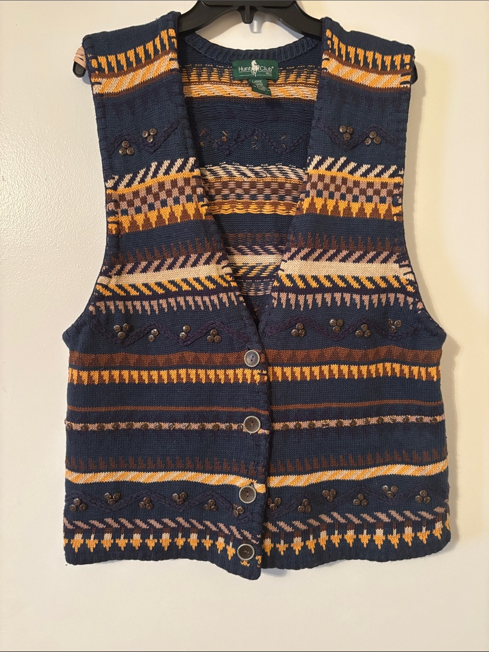 Hunt Club Navy, Mustard & Cream Geometric Knit Vest with Beading & Embroidery